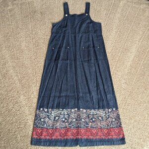 Vintage Jumper Womens Sz S Blue Denim Empire Waist Overalls Paisley Cotton 90s